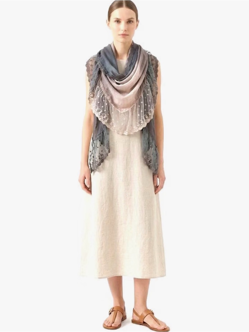 Light Pink and Gray Lace-Trim Ombre Scarf